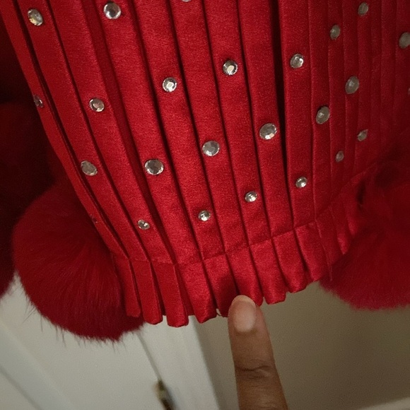 Milano Red Rhinestone Studded Pom Pom Skirt Suit Size 26W Church Plus Size - Picture 6 of 10